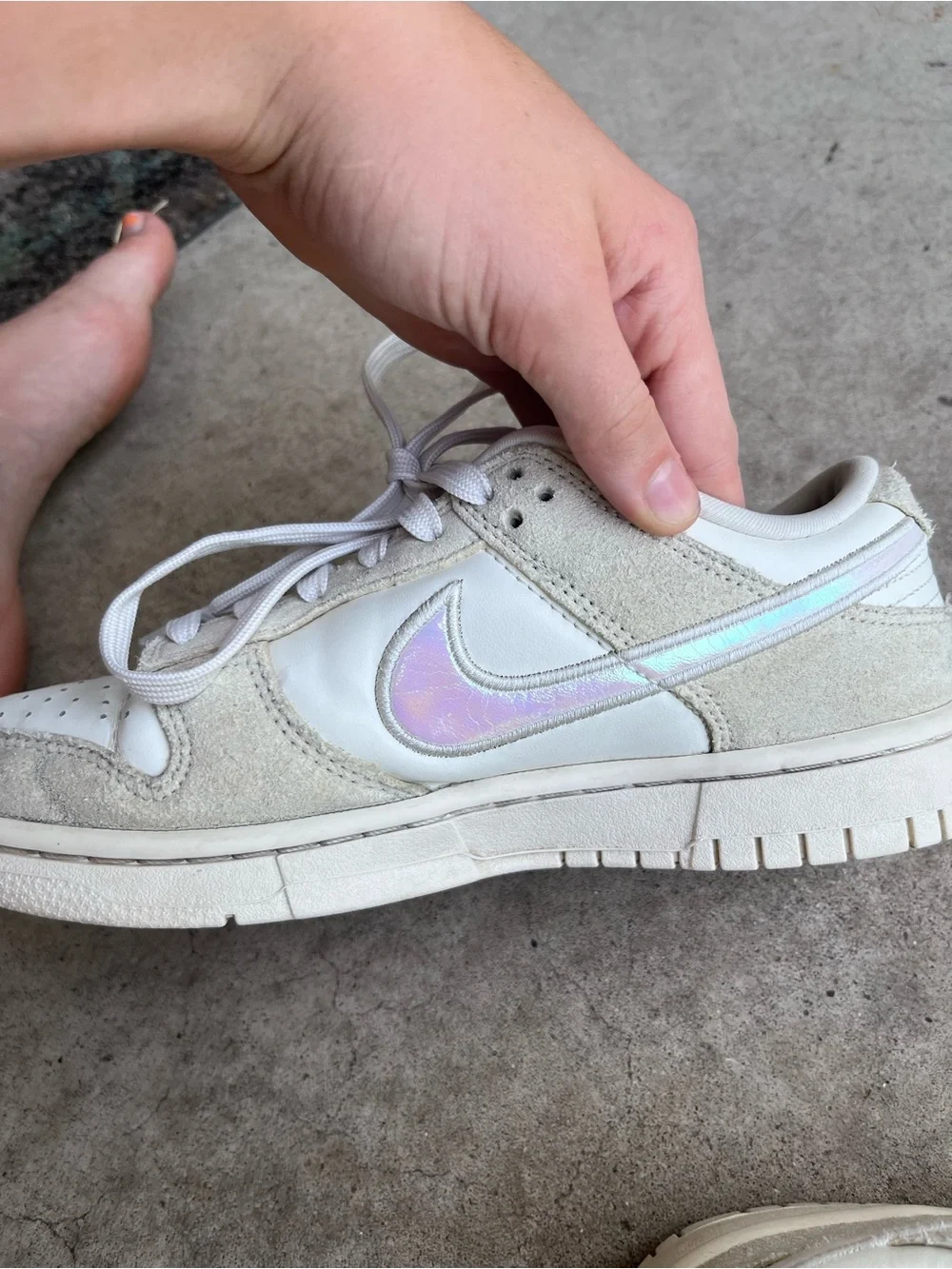 Nike Dunk Low Sneakers - White & Light Gray with Iridescent Swoosh